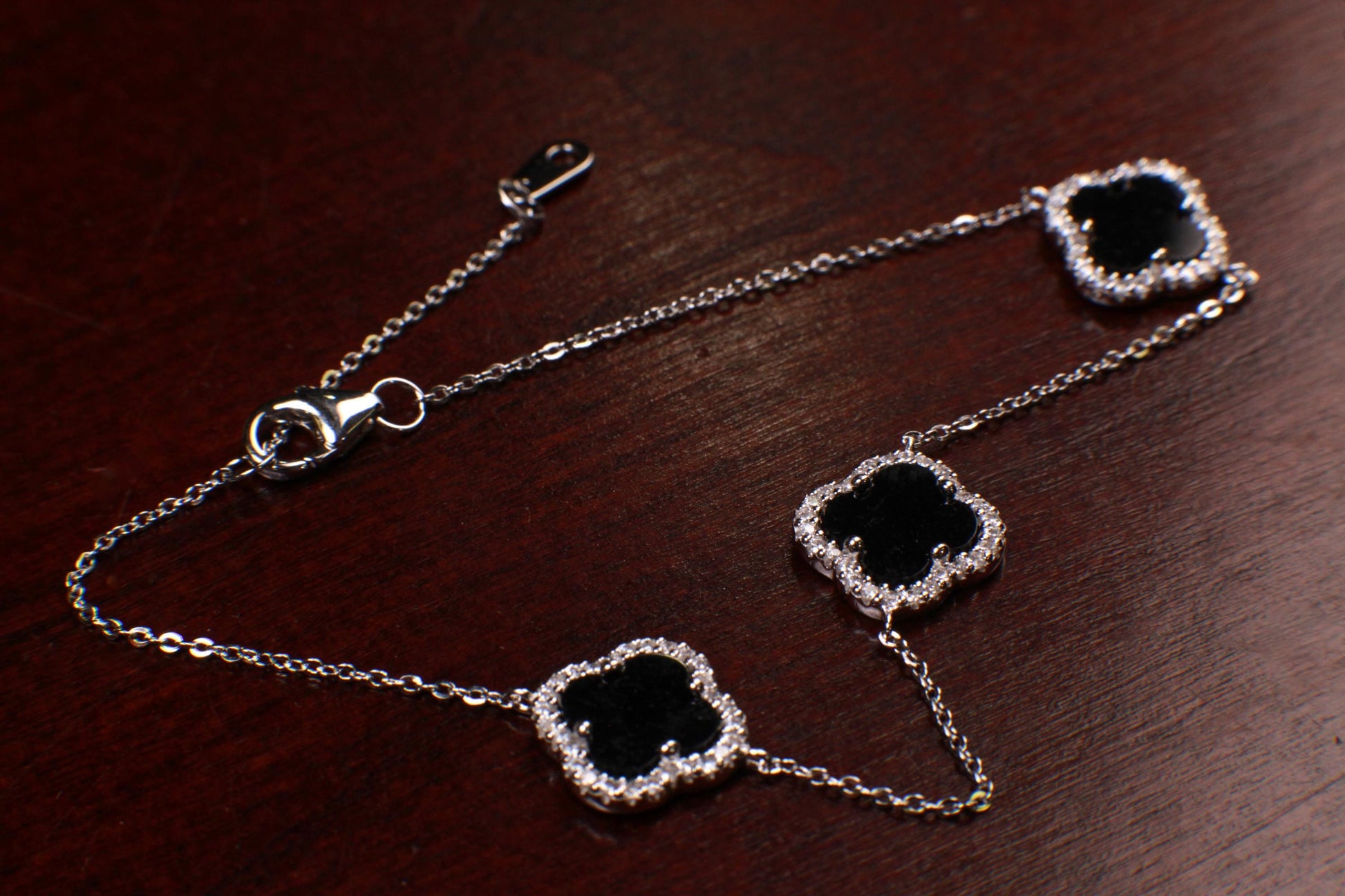 925 Sterling Silver Black Onyx four leaf Flower Charm CZ diamond setting Adjustable 7”to 8.25" Silver Bracelet, Love charm