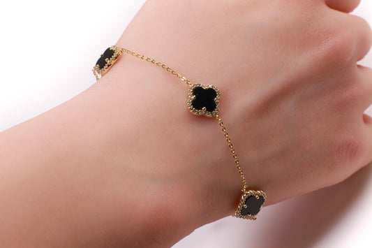 22K Gold Vermeil over 925 Sterling Silver Black Onyx Flower Charm CZ Adjustable 7”to 8.25" Silver Bracelet, Love unity Good luck charm