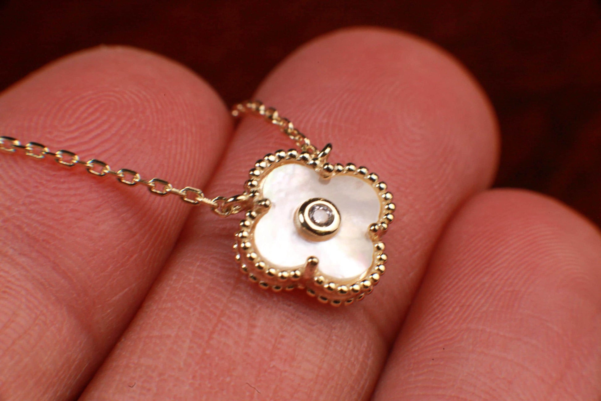 22K Gold Vermeil over 925 Sterling Silver White Mother of Pearl and CZ Diamond Flower Charm Necklace, love gift