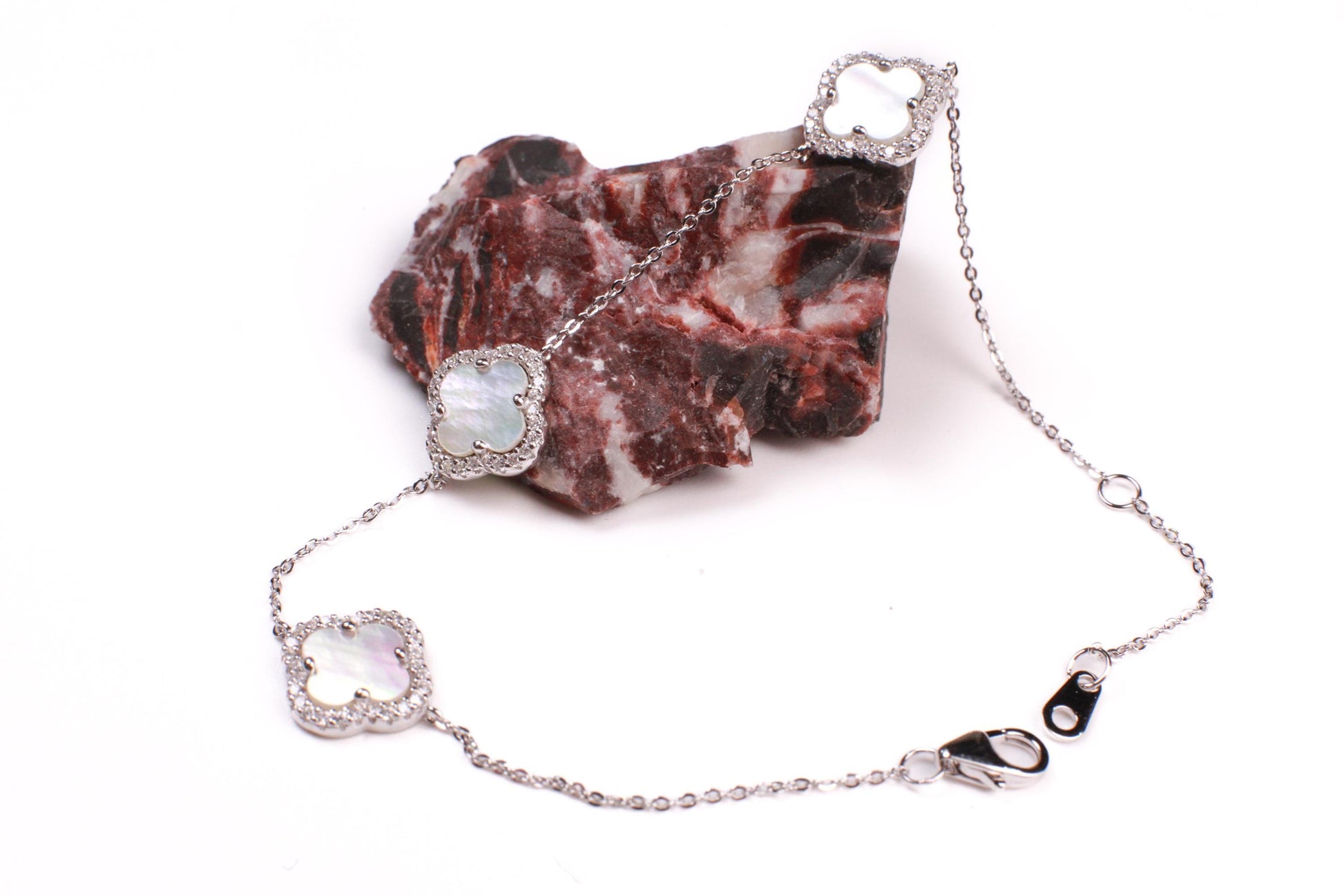 925 Sterling Silver White Mother of Pearl Four leaf Flower Charm CZ Adjustable 7” to 8.25" Silver Bracelet, Love charm