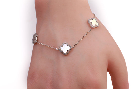 925 Sterling Silver White Mother of Pearl Four leaf Flower Charm CZ Adjustable 7” to 8.25" Silver Bracelet, Love charm