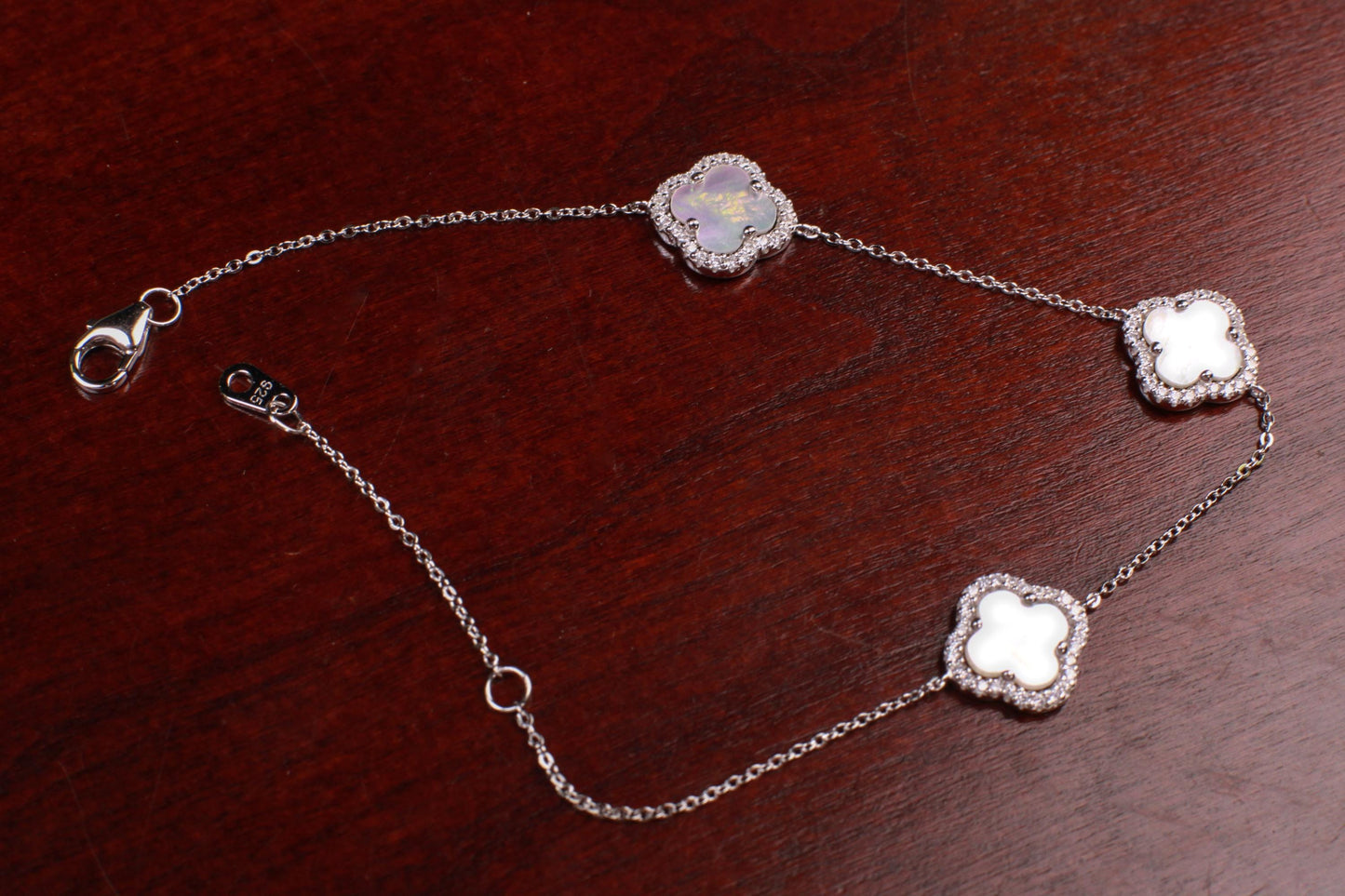925 Sterling Silver White Mother of Pearl Four leaf Flower Charm CZ Adjustable 7” to 8.25" Silver Bracelet, Love charm