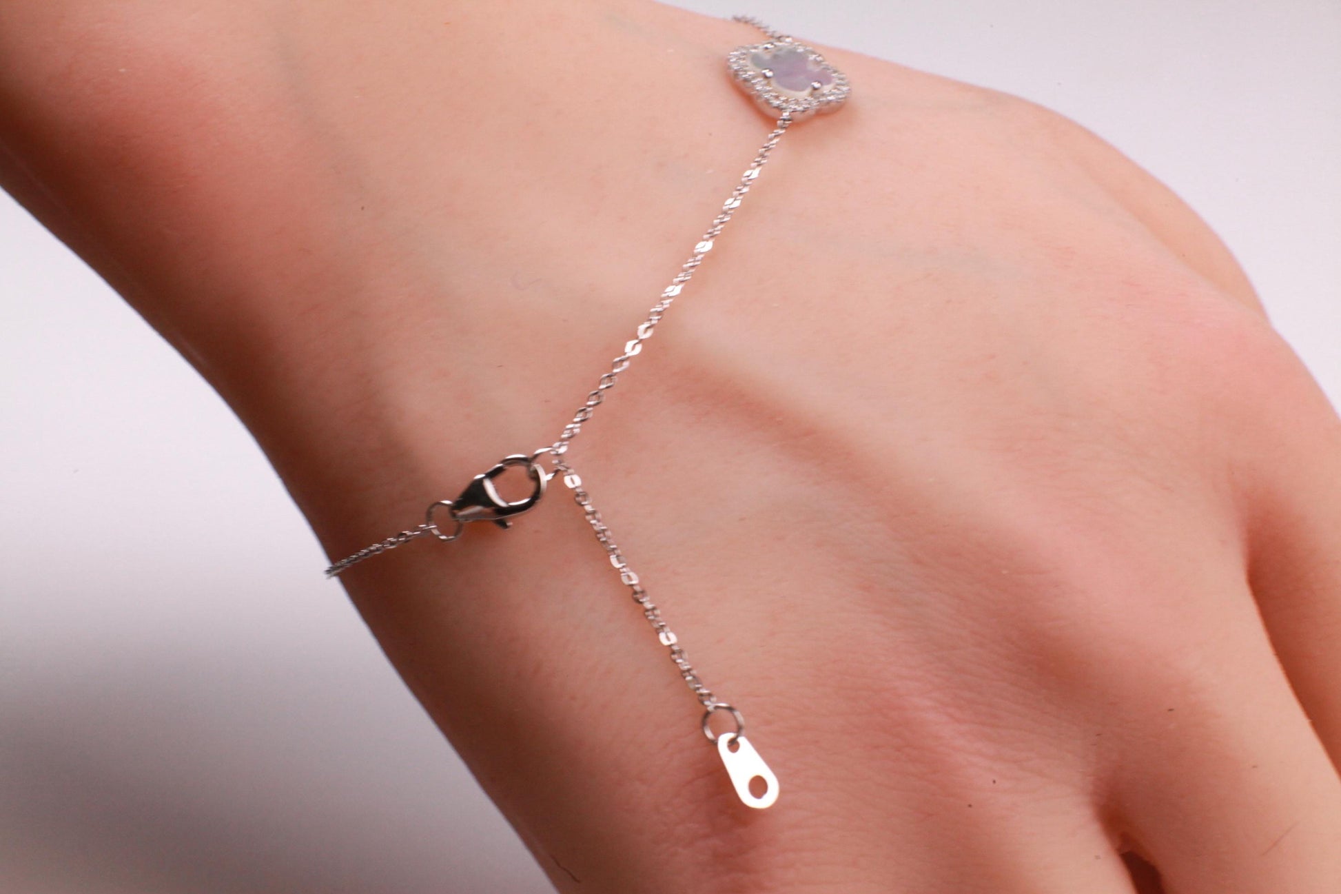 925 Sterling Silver White Mother of Pearl Four leaf Flower Charm CZ Adjustable 7” to 8.25" Silver Bracelet, Love charm