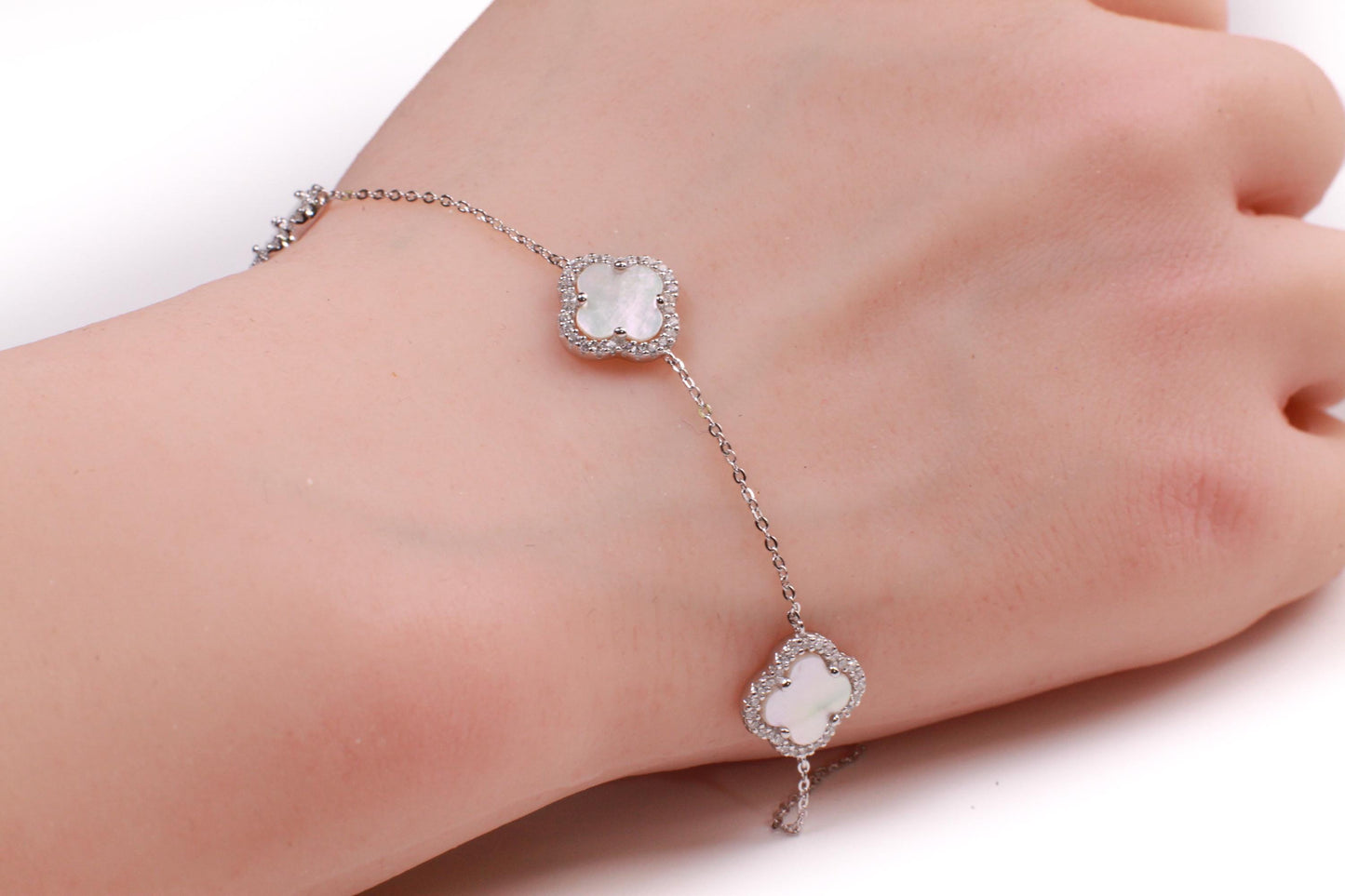 925 Sterling Silver White Mother of Pearl Four leaf Flower Charm CZ Adjustable 7” to 8.25" Silver Bracelet, Love charm
