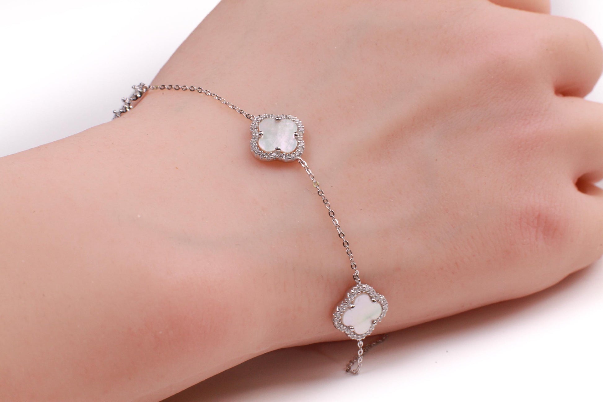 925 Sterling Silver White Mother of Pearl Four leaf Flower Charm CZ Adjustable 7” to 8.25" Silver Bracelet, Love charm