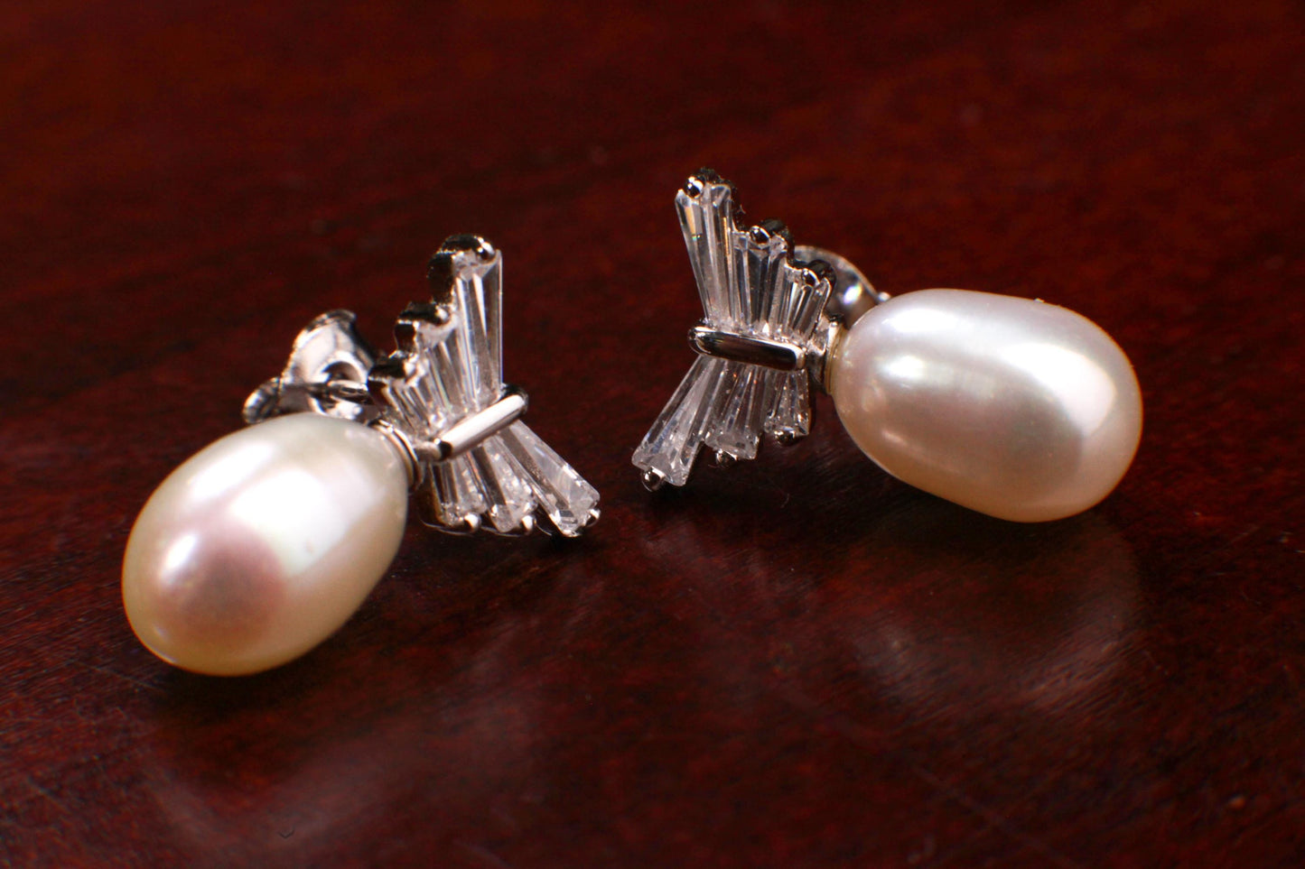 Natural Freshwater Pearl 10x16mm CZ Diamond Emerald cut Butterfly Post 925 Sterling Silver Earrings, Bridesmaid, bridal, wedding,925 Stamped