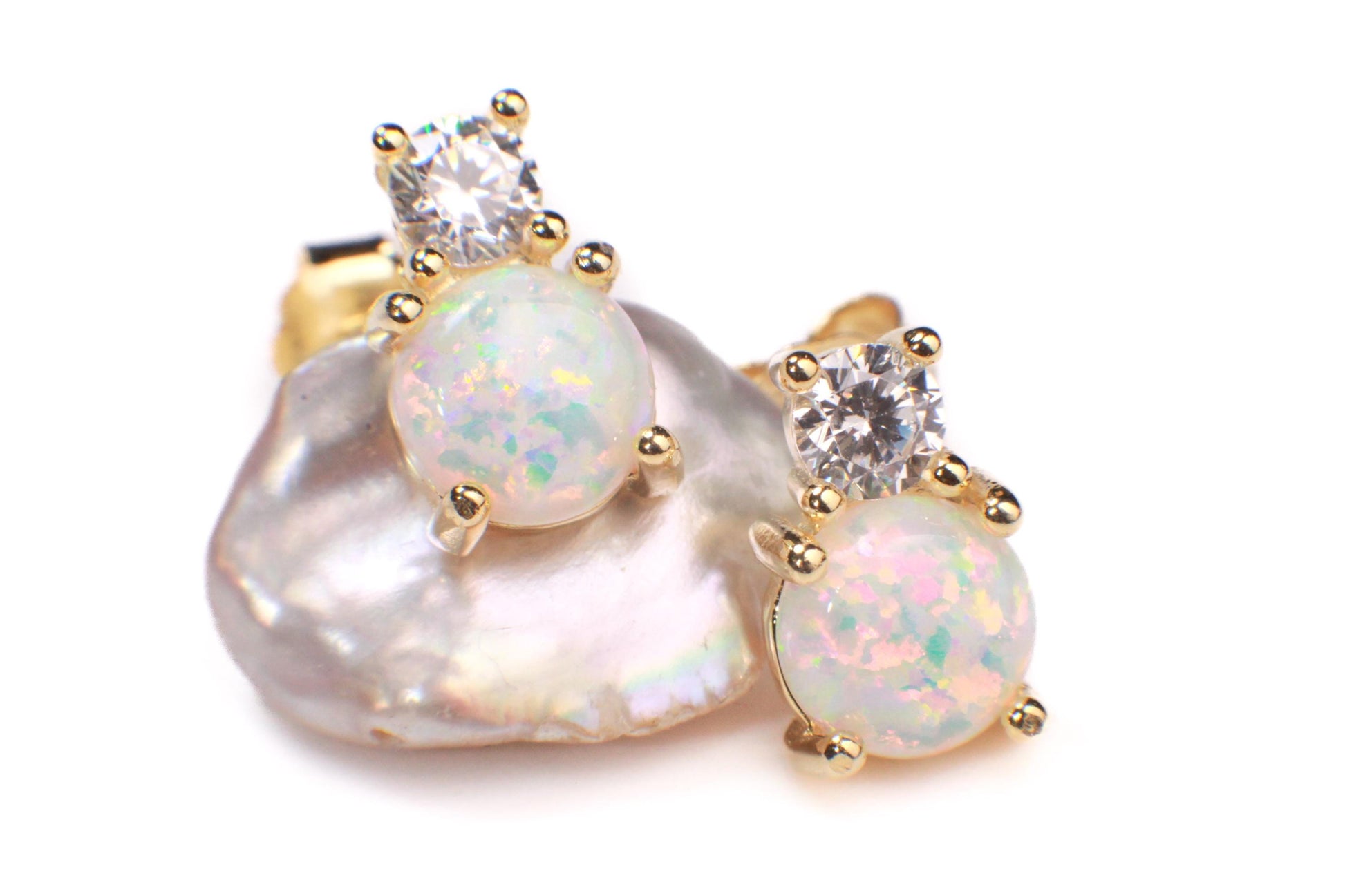 Genuine Ethiopian Fire Opal, Welo Opal, 6mm Round CZ Diamond top in 22k Gold Vermeil Stud Earrings Fiery Opal 925 stamped. Elegant gift