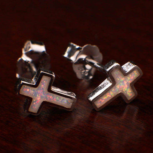 Ethiopian Fire Opal Cross Stud Earrings, Sterling Silver Dainty Jewelry
