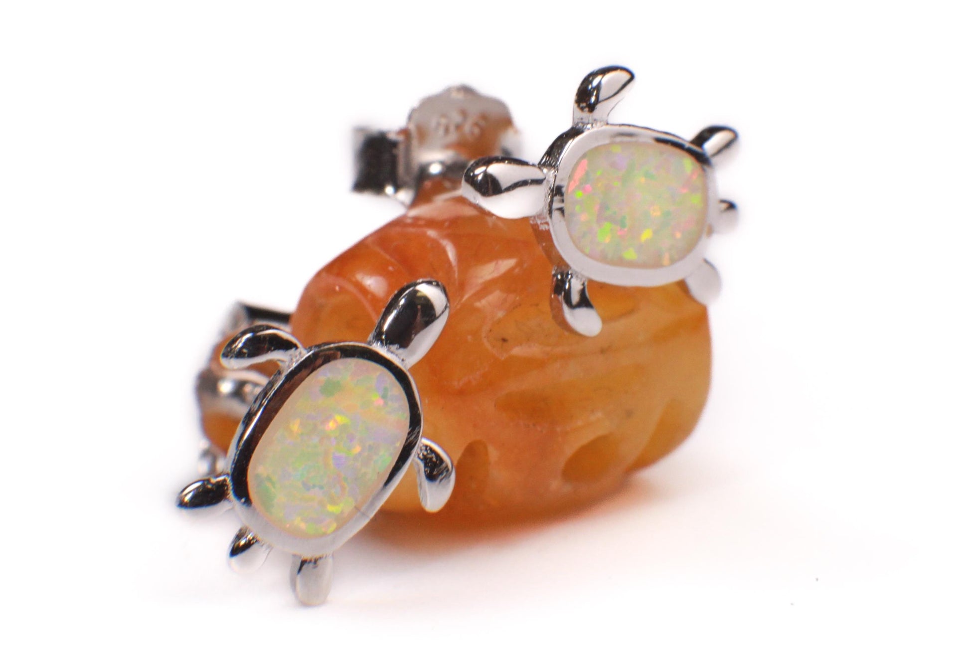Genuine Ethiopian Fire Opal, Welo Opal 5x7mm Sea Turtle Stud Earrings in 925 Sterling Silver, AAA Quality Fiery Opal Dainty Earrings