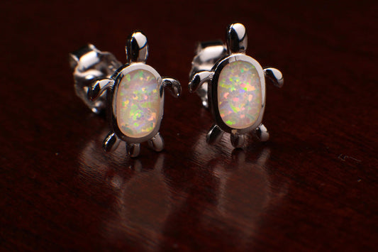 Genuine Ethiopian Fire Opal, Welo Opal 5x7mm Sea Turtle Stud Earrings in 925 Sterling Silver, AAA Quality Fiery Opal Dainty Earrings