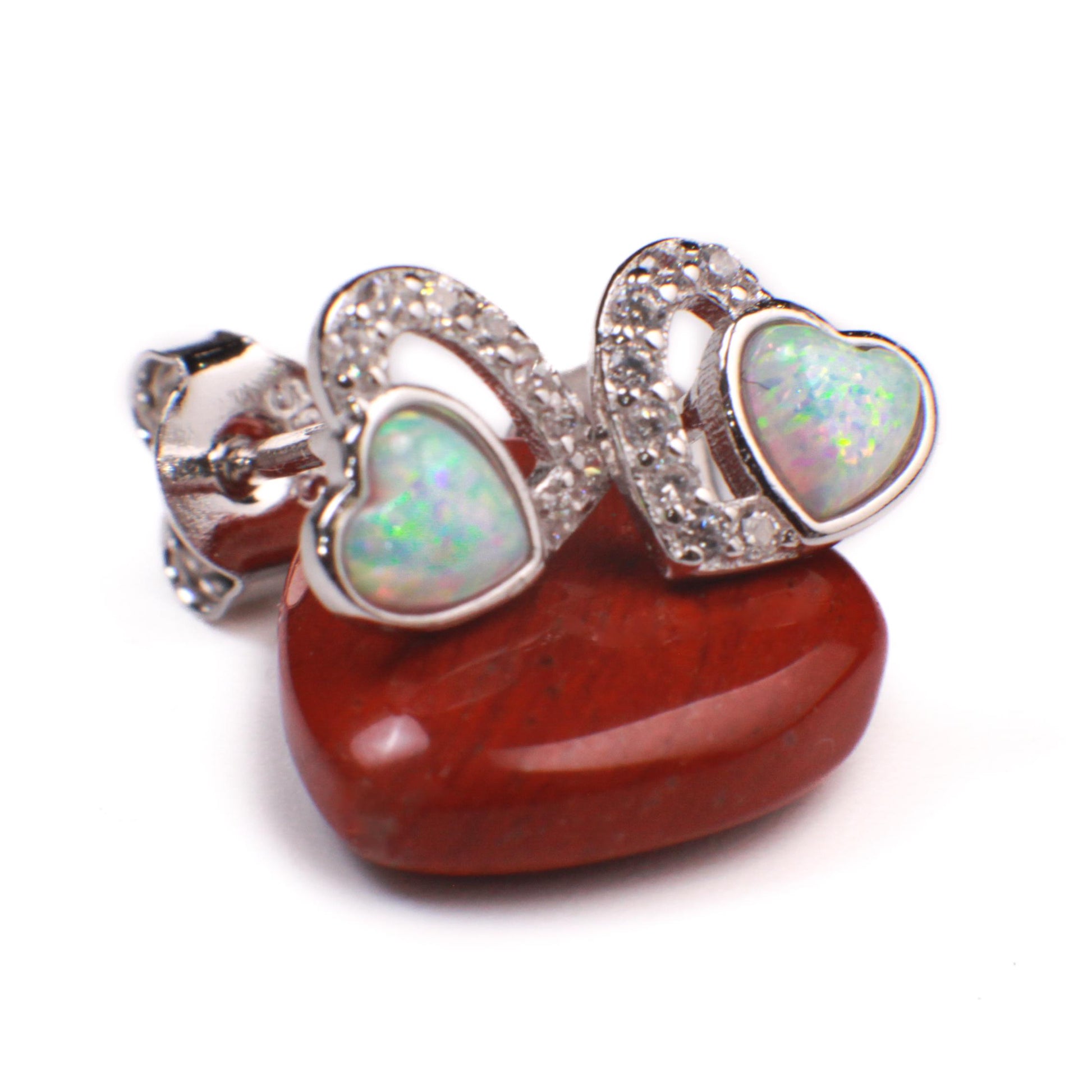 Ethiopian Fire Opal, Welo Opal, 7mm Double Heart CZ Diamond Stud Earrings 925 Sterling Silver AAA Fiery Opal Elegant Earring valentines gift