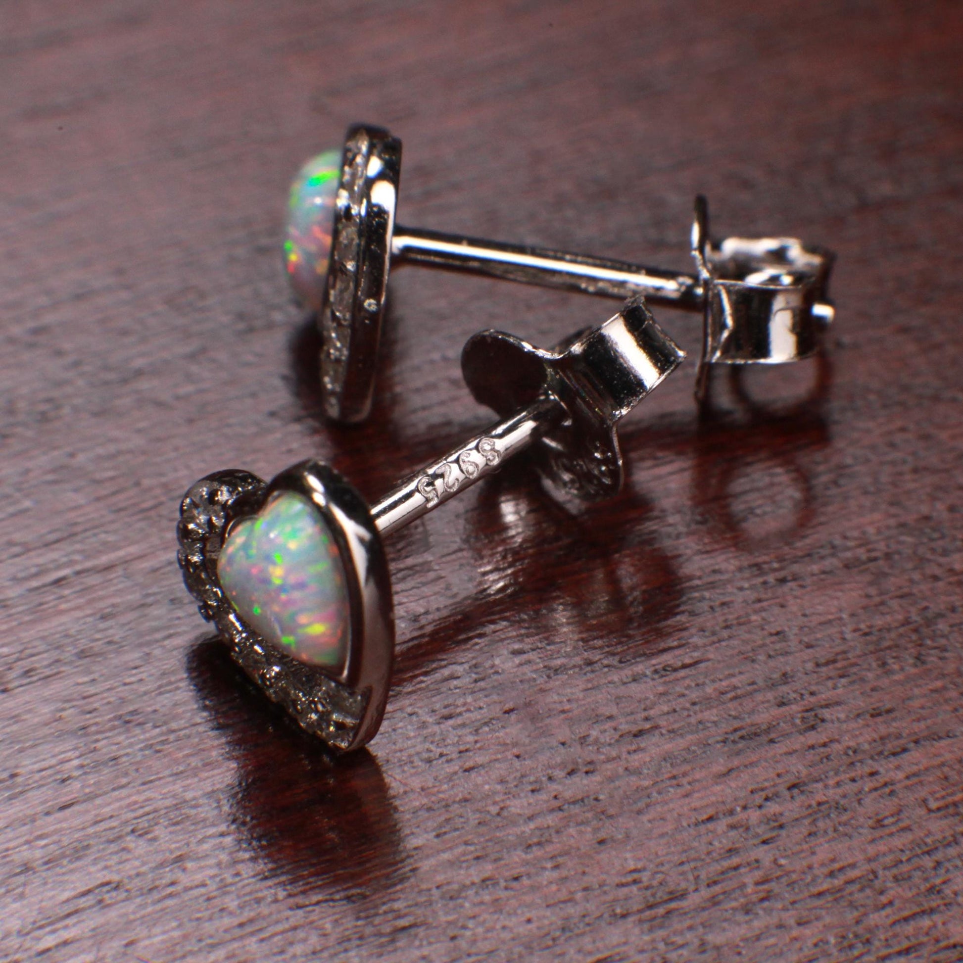 Ethiopian Fire Opal, Welo Opal, 7mm Double Heart CZ Diamond Stud Earrings 925 Sterling Silver AAA Fiery Opal Elegant Earring valentines gift
