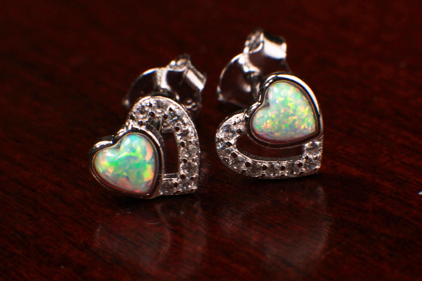 Ethiopian Fire Opal, Welo Opal, 7mm Double Heart CZ Diamond Stud Earrings 925 Sterling Silver AAA Fiery Opal Elegant Earring valentines gift