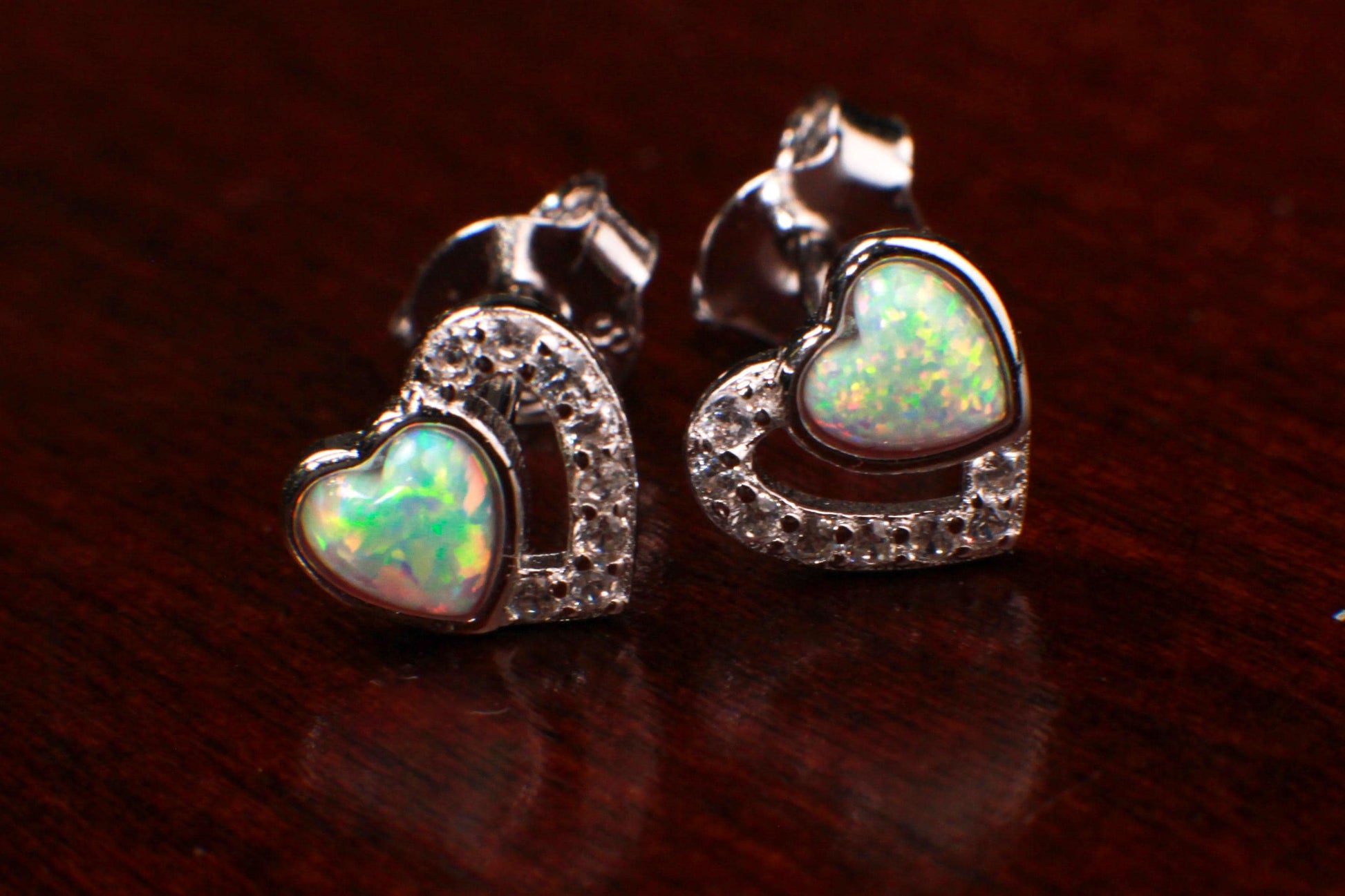 Ethiopian Fire Opal, Welo Opal, 7mm Double Heart CZ Diamond Stud Earrings 925 Sterling Silver AAA Fiery Opal Elegant Earring valentines gift
