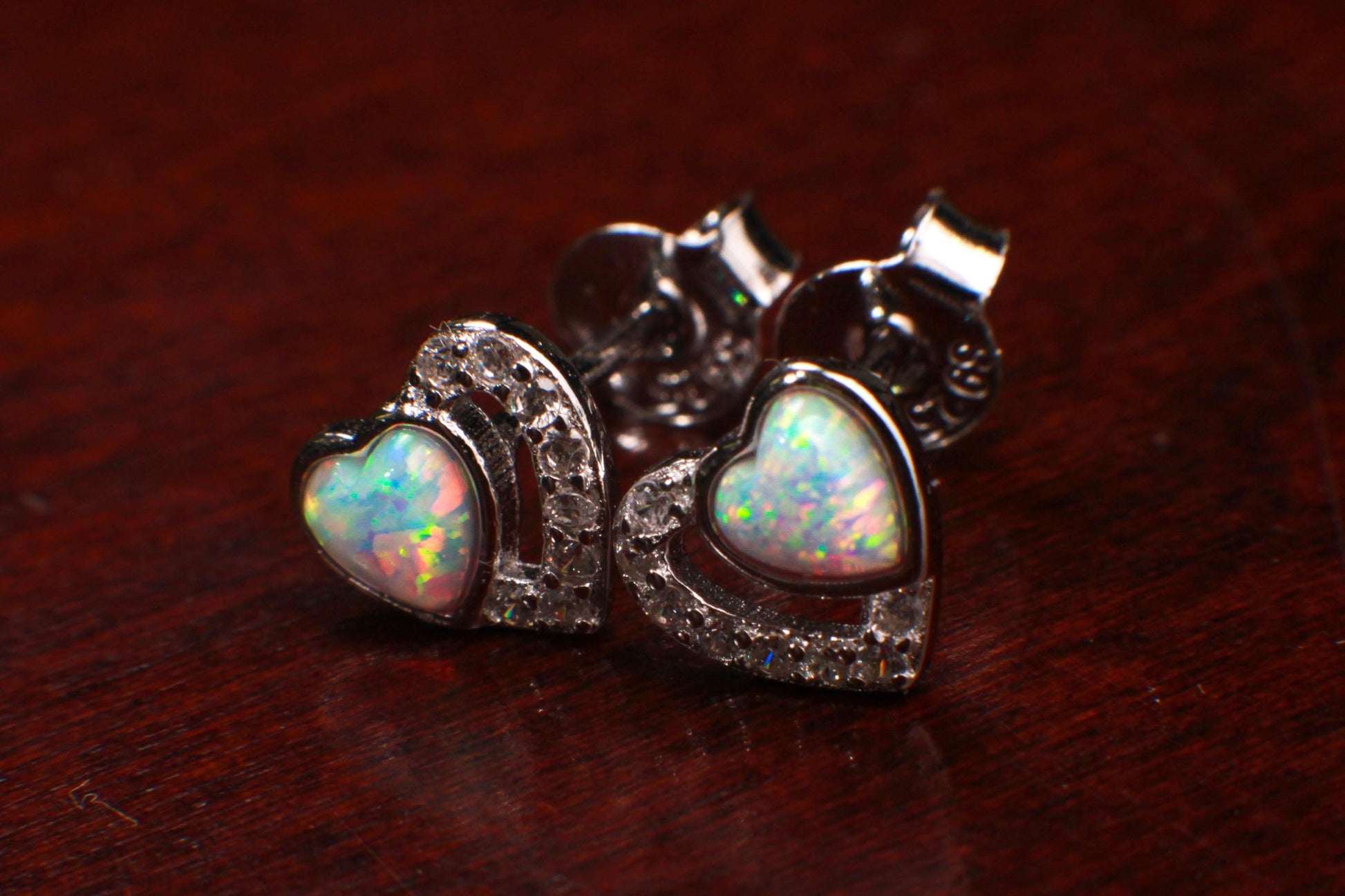 Ethiopian Fire Opal, Welo Opal, 7mm Double Heart CZ Diamond Stud Earrings 925 Sterling Silver AAA Fiery Opal Elegant Earring valentines gift