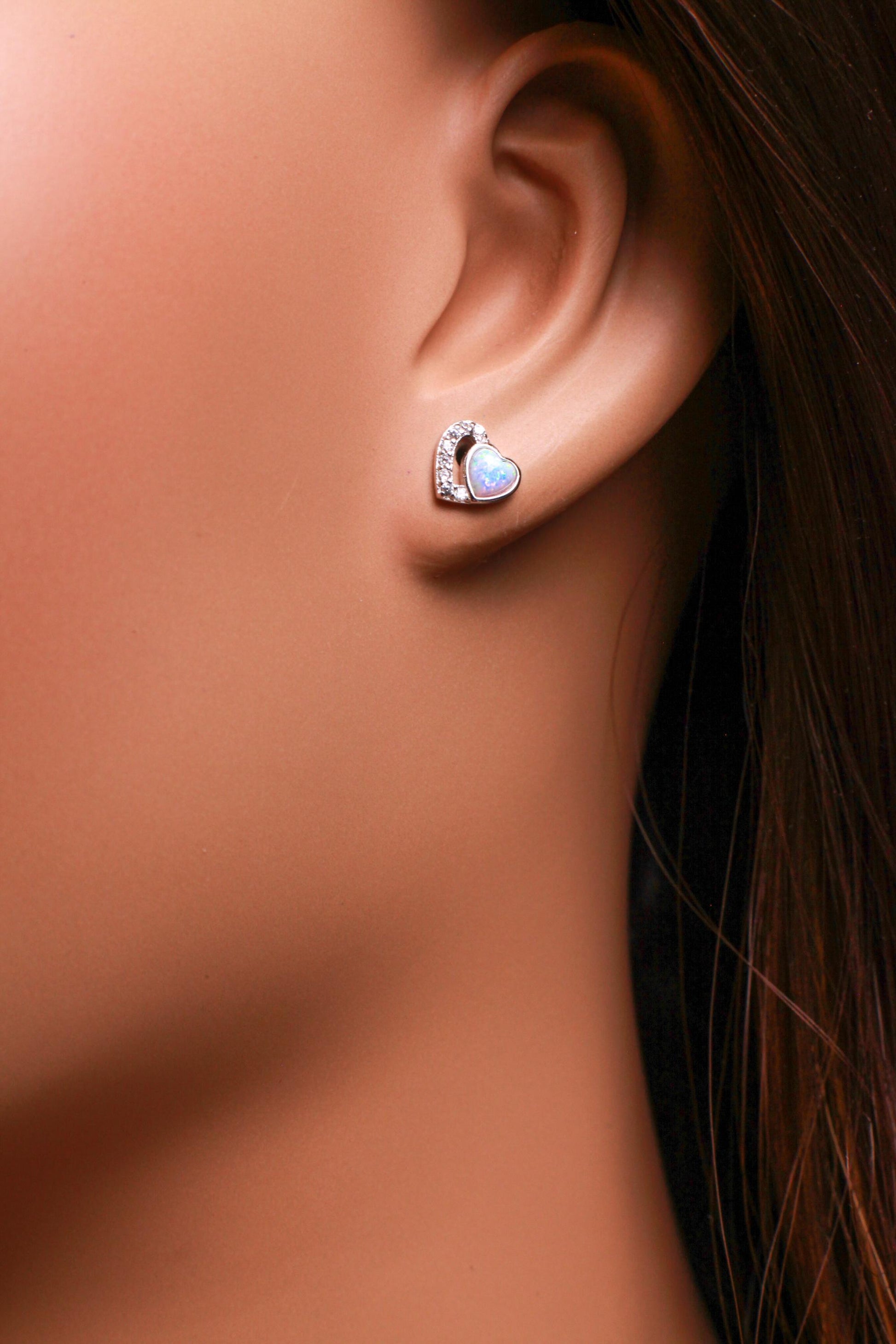 Ethiopian Fire Opal, Welo Opal, 7mm Double Heart CZ Diamond Stud Earrings 925 Sterling Silver AAA Fiery Opal Elegant Earring valentines gift