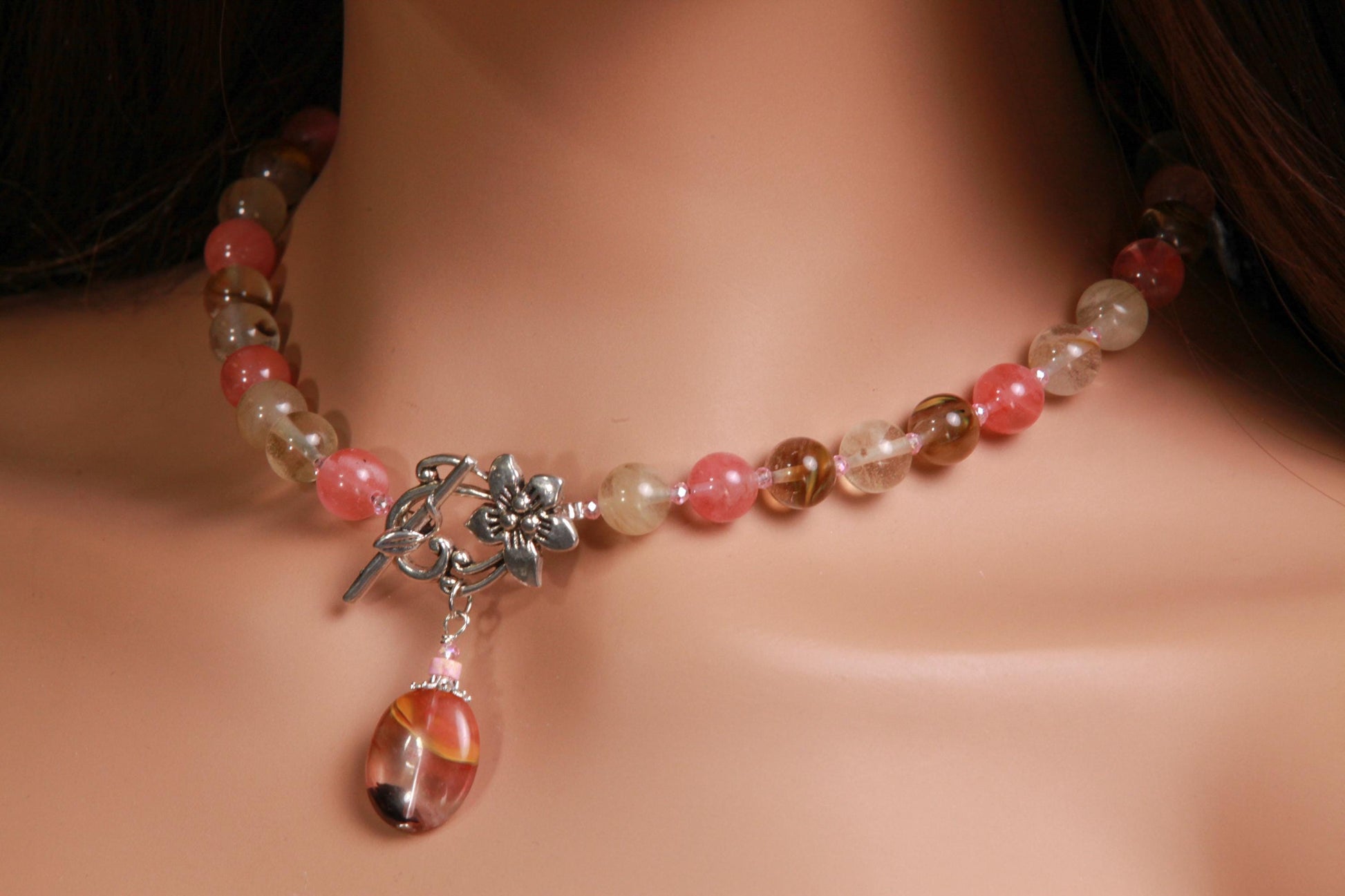 Fire Strawberry quartz 10mm round beaded necklace with pendant fancy silver flower toggle pink strawberry shaded necklace