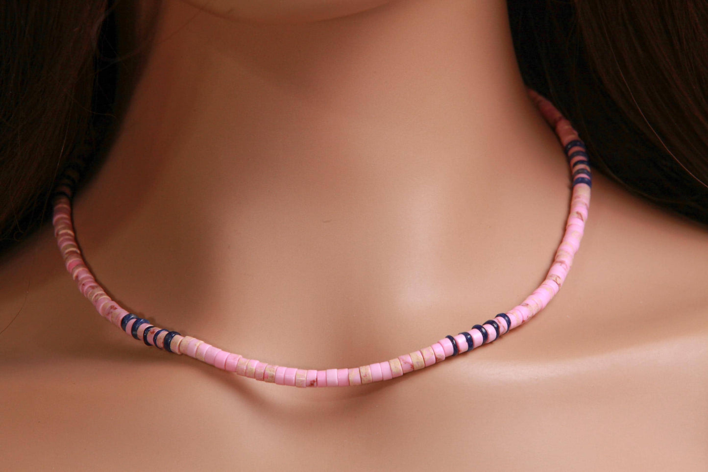 Baby Pink Impression Jasper heishi with Lapis Lazuli heishi Spacer blush pink Silver summer Necklace,for Man and Woman.