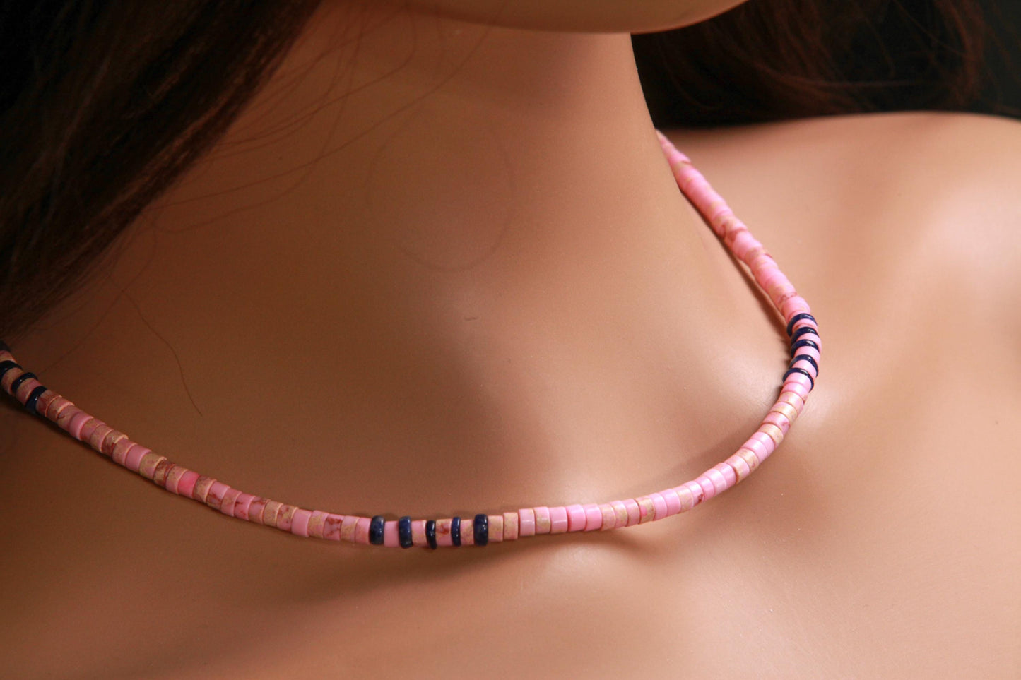 Baby Pink Impression Jasper heishi with Lapis Lazuli heishi Spacer blush pink Silver summer Necklace,for Man and Woman.