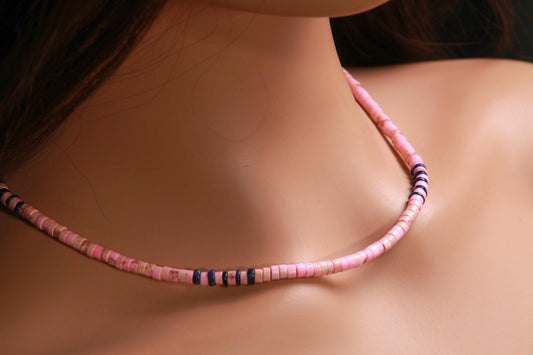Baby Pink Impression Jasper heishi with Lapis Lazuli heishi Spacer blush pink Silver summer Necklace,for Man and Woman.