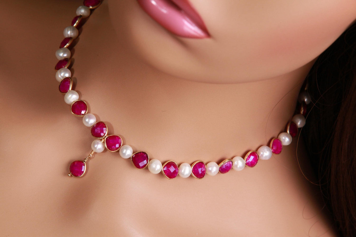 Genuine pink Ruby Heart shape Bezel with fresh Water Pearl 22k Gold vermeil Y necklace purplish pink Valentine, Bridesmaid