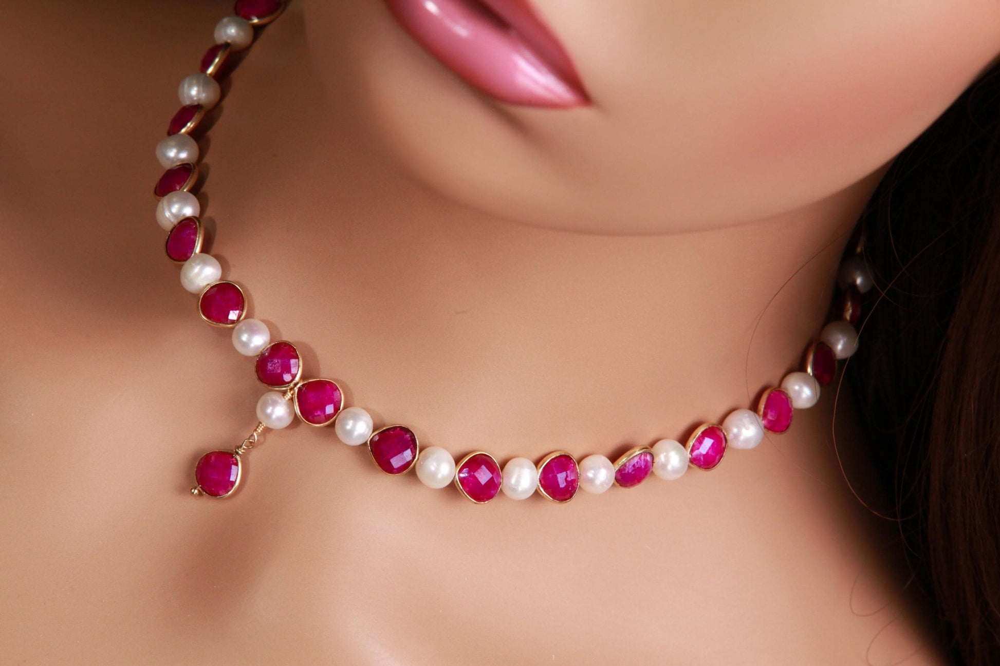 Genuine pink Ruby Heart shape Bezel with fresh Water Pearl 22k Gold vermeil Y necklace purplish pink Valentine, Bridesmaid