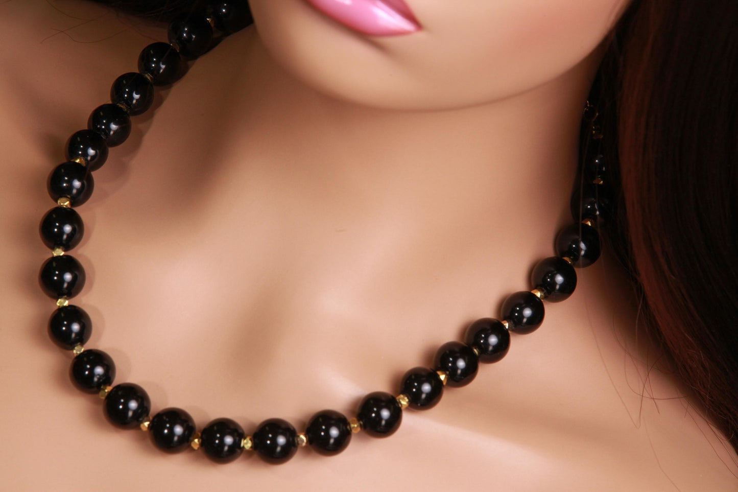 Genuine Black Onyx 14mm 18" Gold Necklace with 3" Extension Chain. High Quality Onyx smooth polished Bead. Elegant Gift for Mom