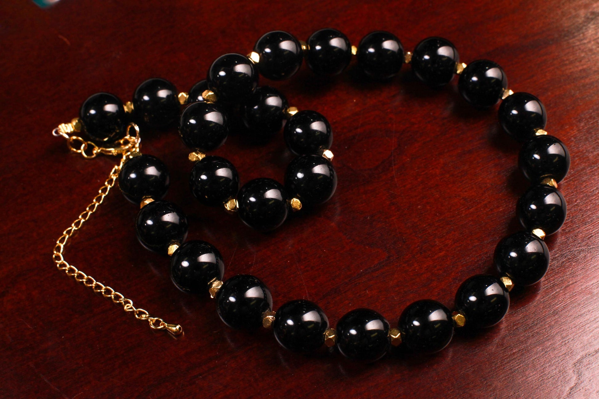 Genuine Black Onyx 14mm 18" Gold Necklace with 3" Extension Chain. High Quality Onyx smooth polished Bead. Elegant Gift for Mom