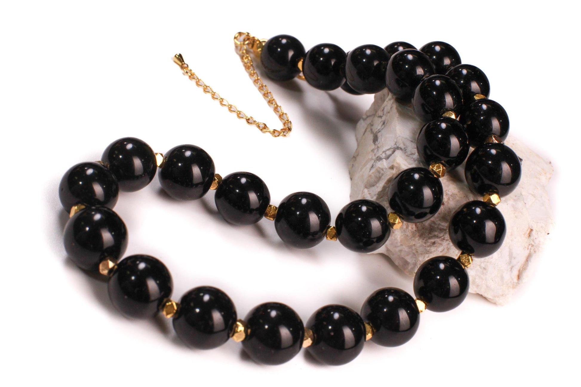 Genuine Black Onyx 14mm 18" Gold Necklace with 3" Extension Chain. High Quality Onyx smooth polished Bead. Elegant Gift for Mom