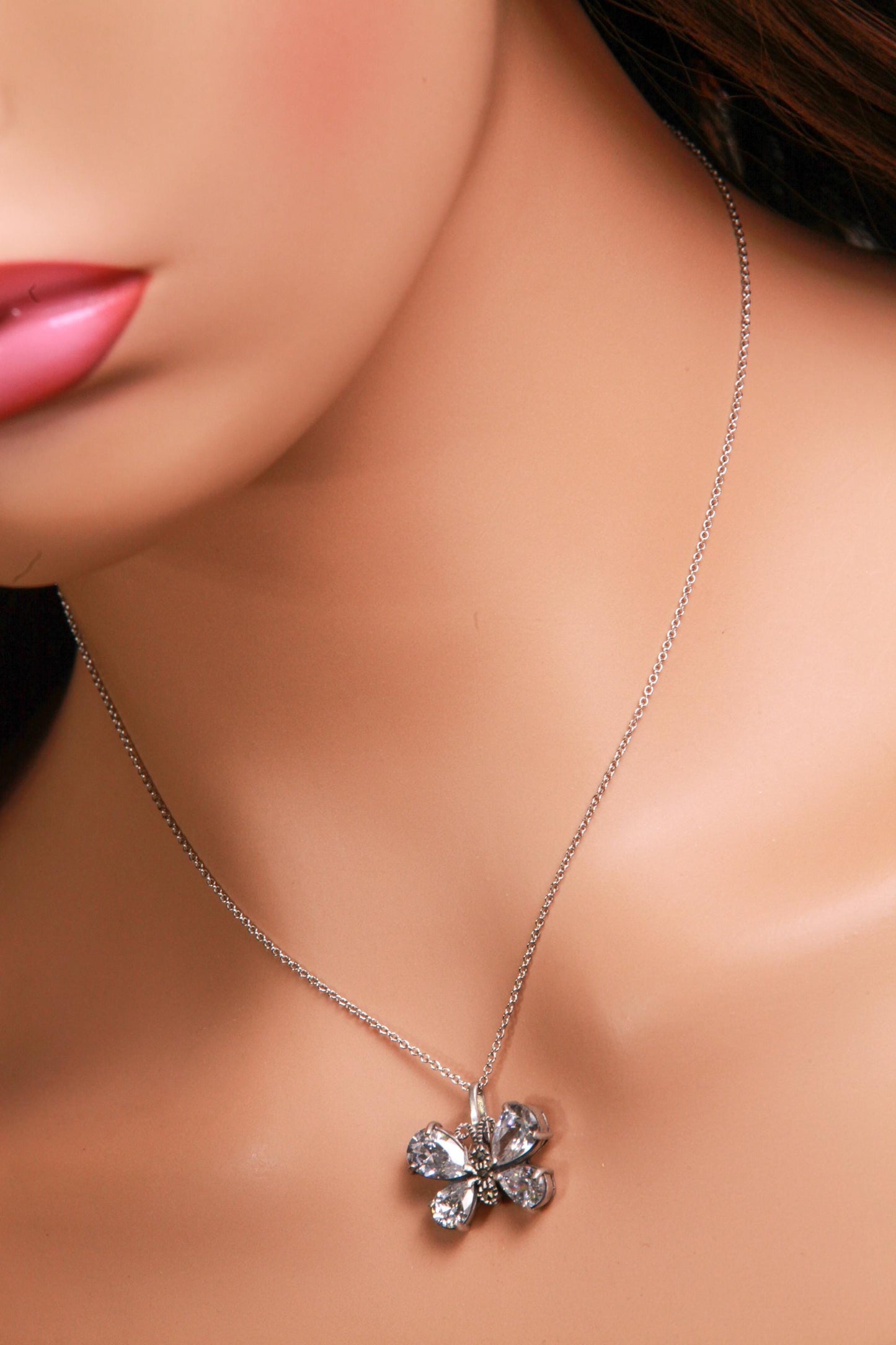 Marcasite 925 Sterling CZ Diamond Butterfly Pendant 16x20mm Necklace with Rhodium Non Tarnish Sterling Silver Chain, Vintage, Antique gift