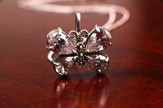 Marcasite 925 Sterling CZ Diamond Butterfly Pendant 16x20mm Necklace with Rhodium Non Tarnish Sterling Silver Chain, Vintage, Antique gift