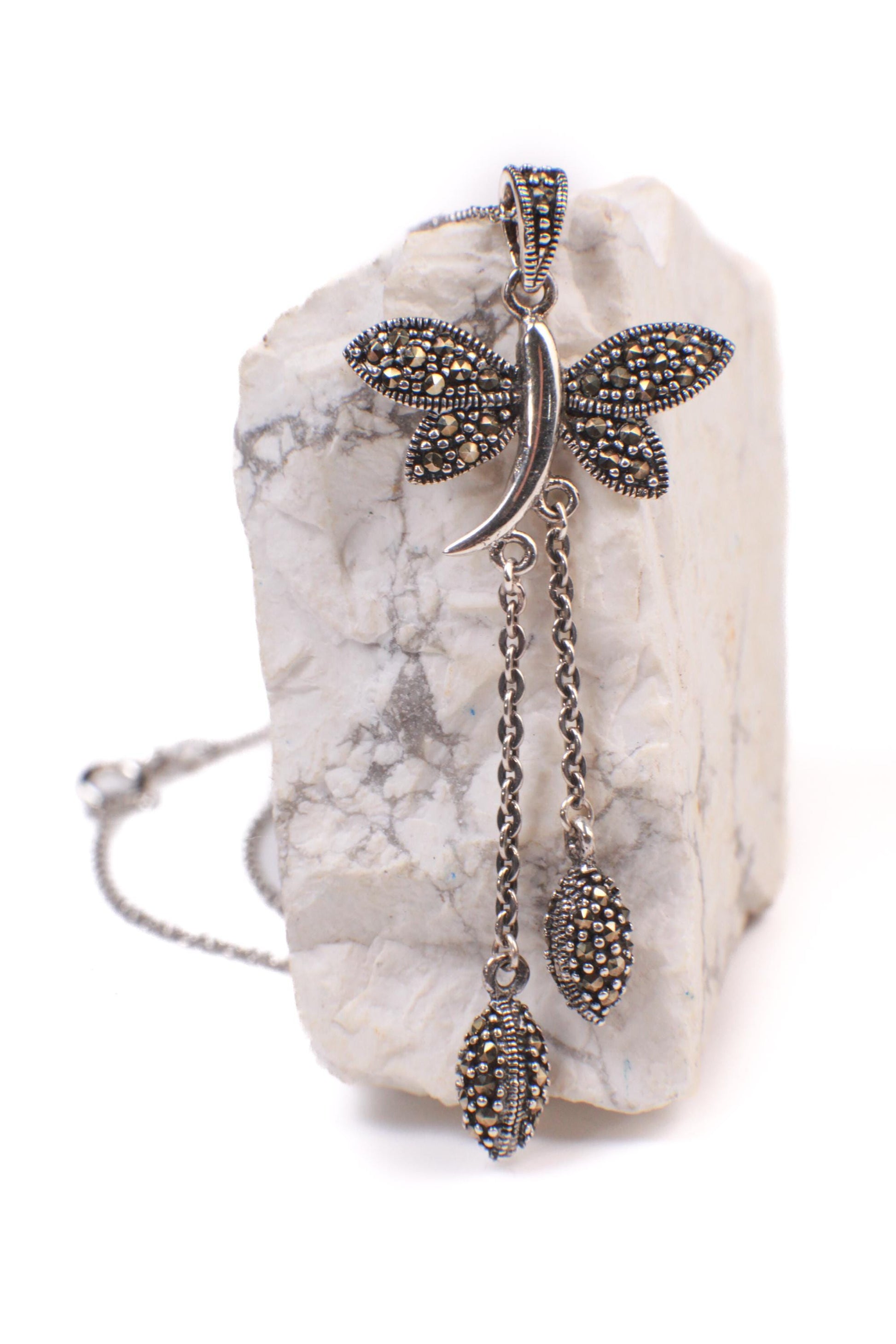 Marcasite 925 Sterling Butterfly Pendant 23mm with 2 Oval marcasite charm dangling Rhodium Sterling Silver Chain, Vintage antique gift
