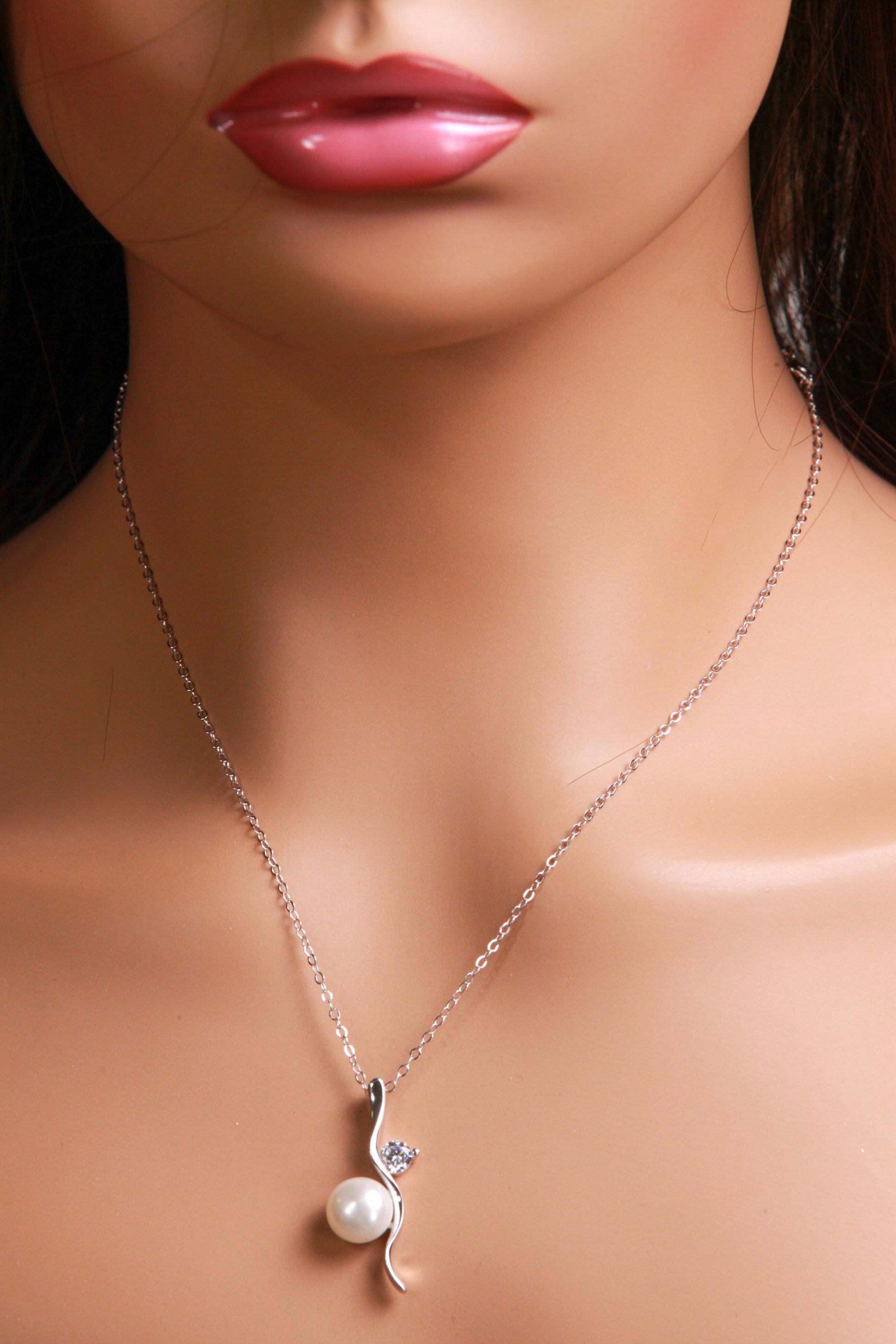 Marcasite 925 Sterling CZ Diamond with 10mm Freshwater Pearl Pendant Necklace with Rhodium Non Tarnish Sterling Silver Chain, Vintage gift