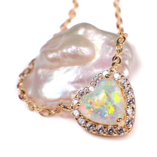 Genuine Ethiopian Fire Opal, Welo Opal Heart CZ diamond Pendant Necklace in 22K Gold Vermeil 925 Sterling Silver Necklace AAA Quality