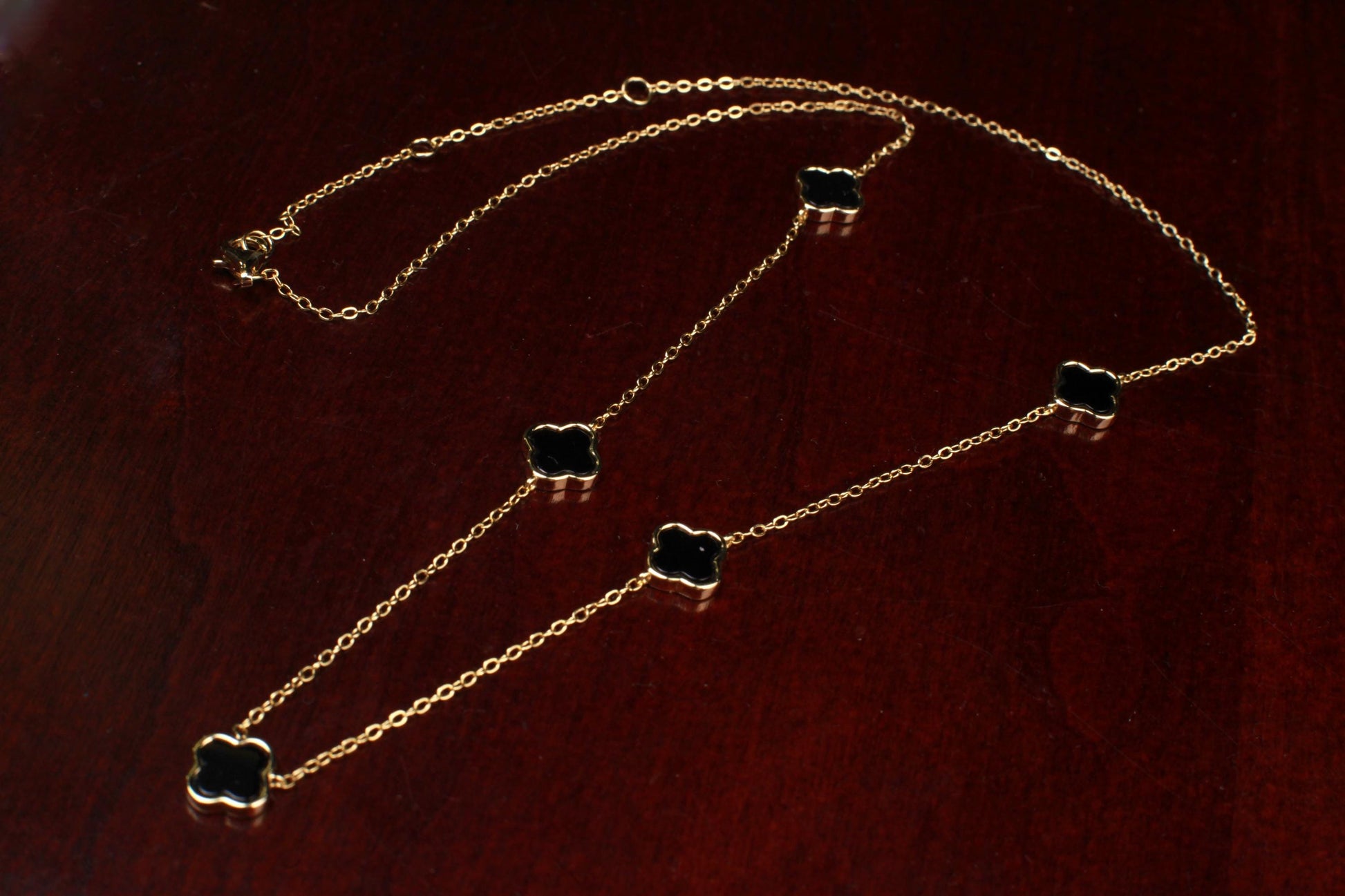 22K Gold Vermeil, 925 Sterling Silver, Flowers Charm 8.5mm Natural Black Onyx 5pcs Adjustable 16”,17",18" 3 in 1 necklace