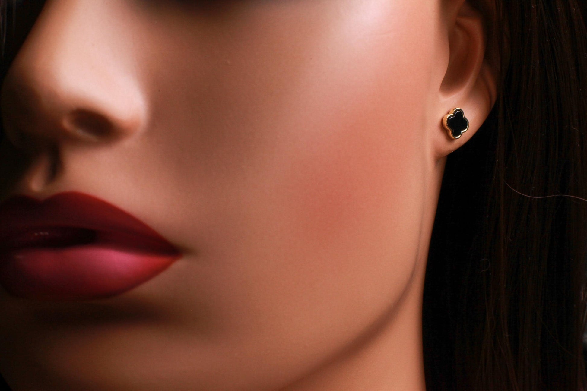 Natural Black Onyx 8mm Four Leaf Flower Stud Earrings in 18K Gold Vermeil over 925 Sterling Silver Earrings, 925 Stamped Charm earring love