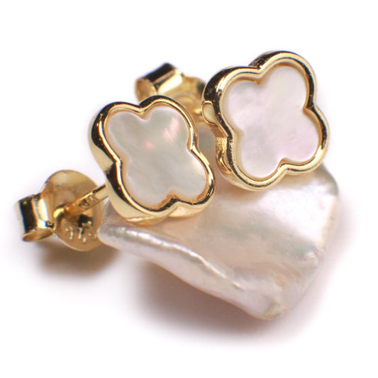 18k Gold Vermeil Natural Mother of Pearl 8mm Flower Stud Earrings, 18K Gold Vermeil over 925 Sterling Silver Earrings, 925 Stamped