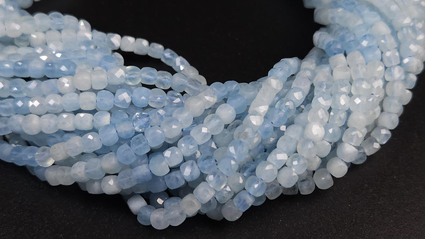 Natural Aquamarine Gemstone Sky Blue Faceted 4mm Square Cube Shape, shaded Aquamarine, Jewelry Making 12" strand.High quality