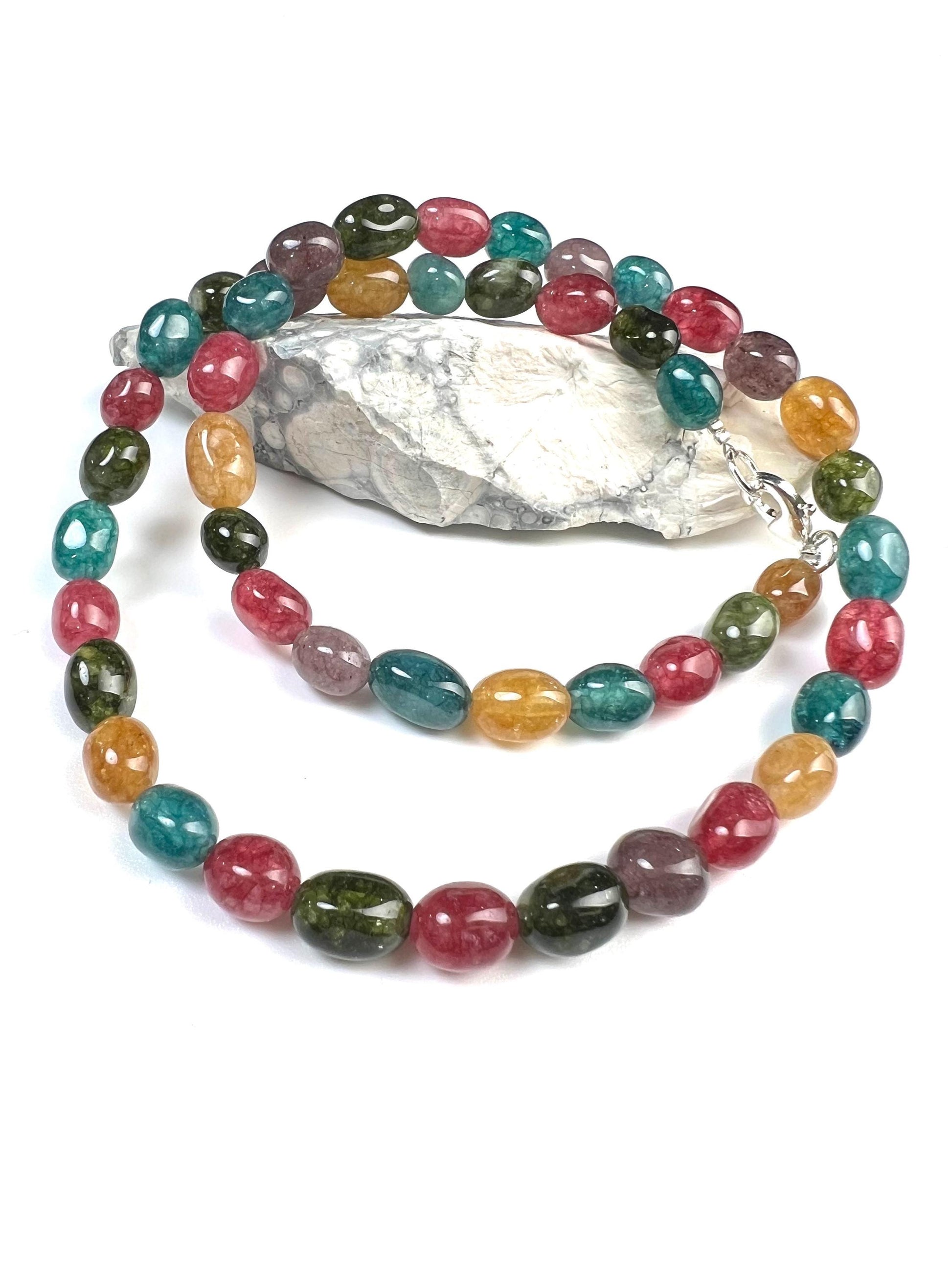 Multi color Rainbow gemstone 7-8mm smooth oval Tourmaline Quartz beaded necklace. Blue pink purple yellow necklace