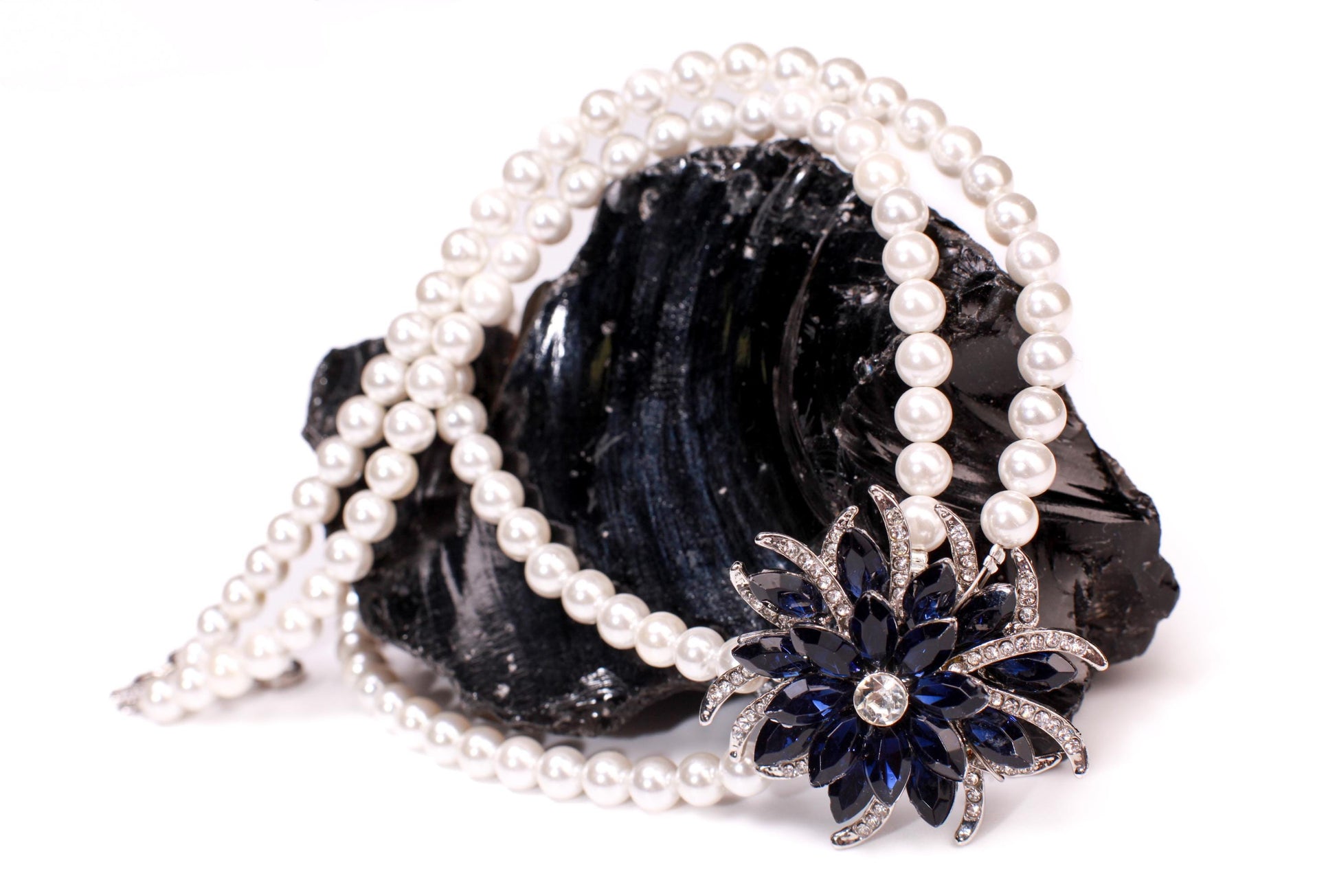 South Sea Shell Pearl 8mm Double Layered Necklace with Blue Sapphire 40mm CZ Pendant Necklace 18”& 2" Extension Chain wedding party jewelry