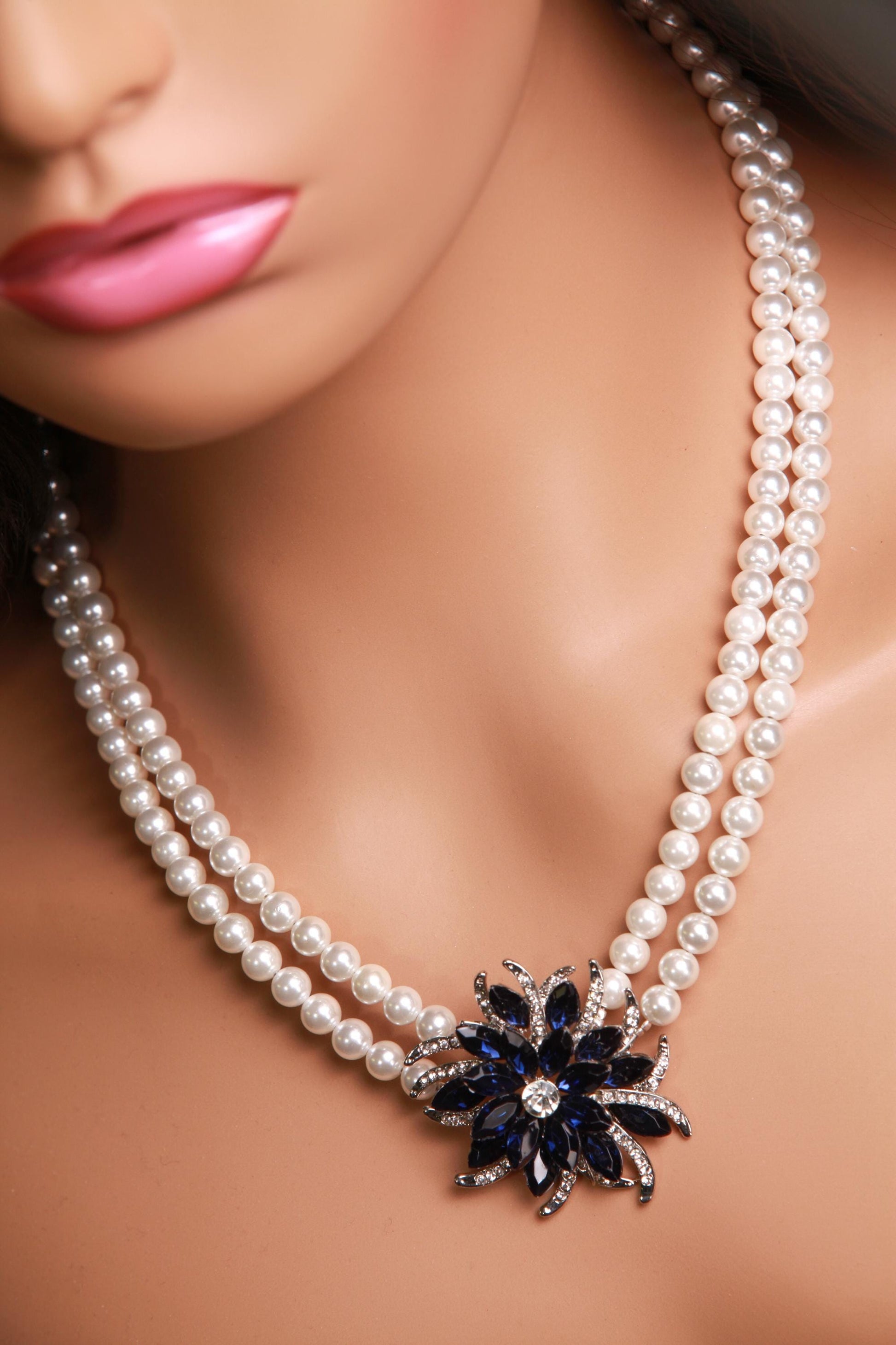 South Sea Shell Pearl 8mm Double Layered Necklace with Blue Sapphire 40mm CZ Pendant Necklace 18”& 2" Extension Chain wedding party jewelry