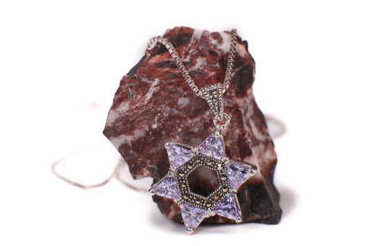 Vintage Marcasite Star of David Lavender Amethyst 925 Sterling Silver Pendant necklace. 925 stamped, Lavender Amethyst Lilac Jewish pendant