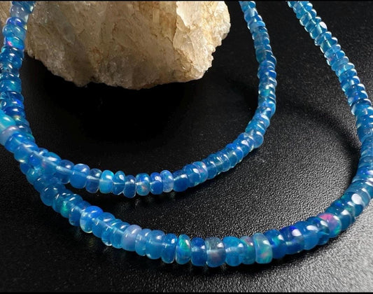 Genuine Ethiopian Fire Opal periwinkle Blue Welo Opal 3-3.5mm Roundel 925 Sterling Silver Necklace, AAA Quality Fiery Opal Jewelry