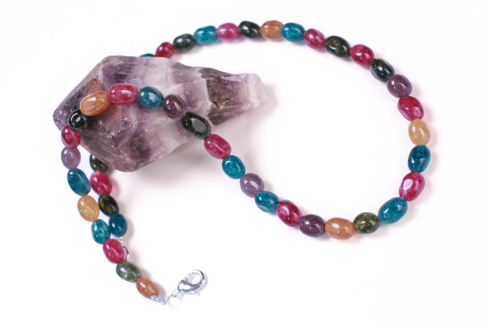 Multi color Rainbow gemstone 7-8mm smooth oval Tourmaline Quartz beaded necklace. Blue pink purple yellow necklace