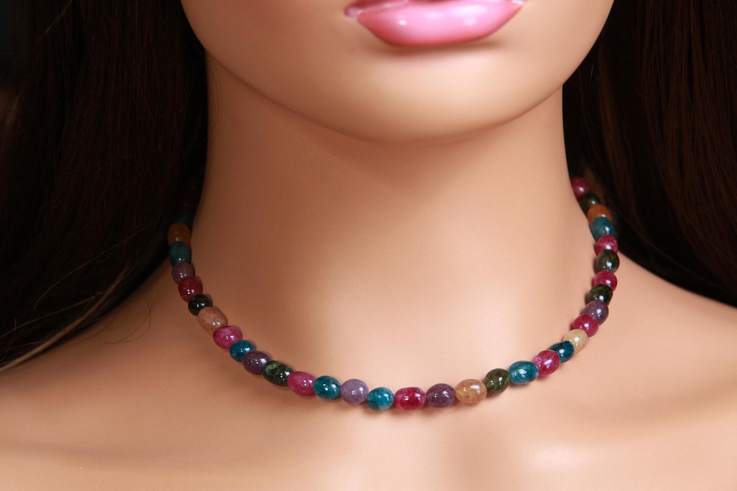 Multi color Rainbow gemstone 7-8mm smooth oval Tourmaline Quartz beaded necklace. Blue pink purple yellow necklace
