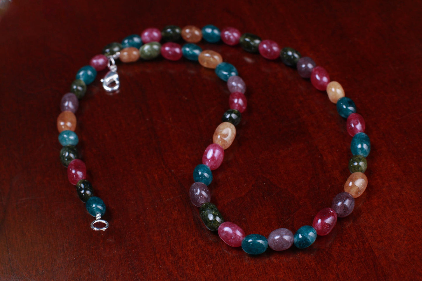 Multi color Rainbow gemstone 7-8mm smooth oval Tourmaline Quartz beaded necklace. Blue pink purple yellow necklace