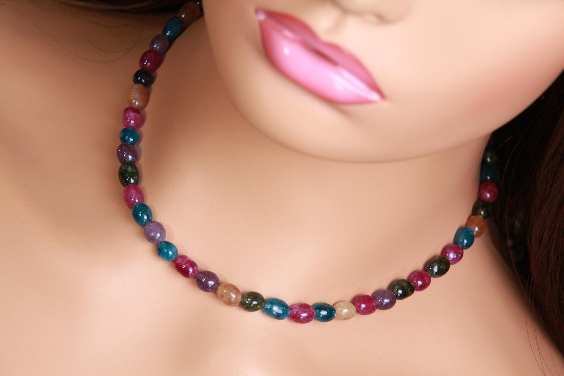 Multi color Rainbow gemstone 7-8mm smooth oval Tourmaline Quartz beaded necklace. Blue pink purple yellow necklace