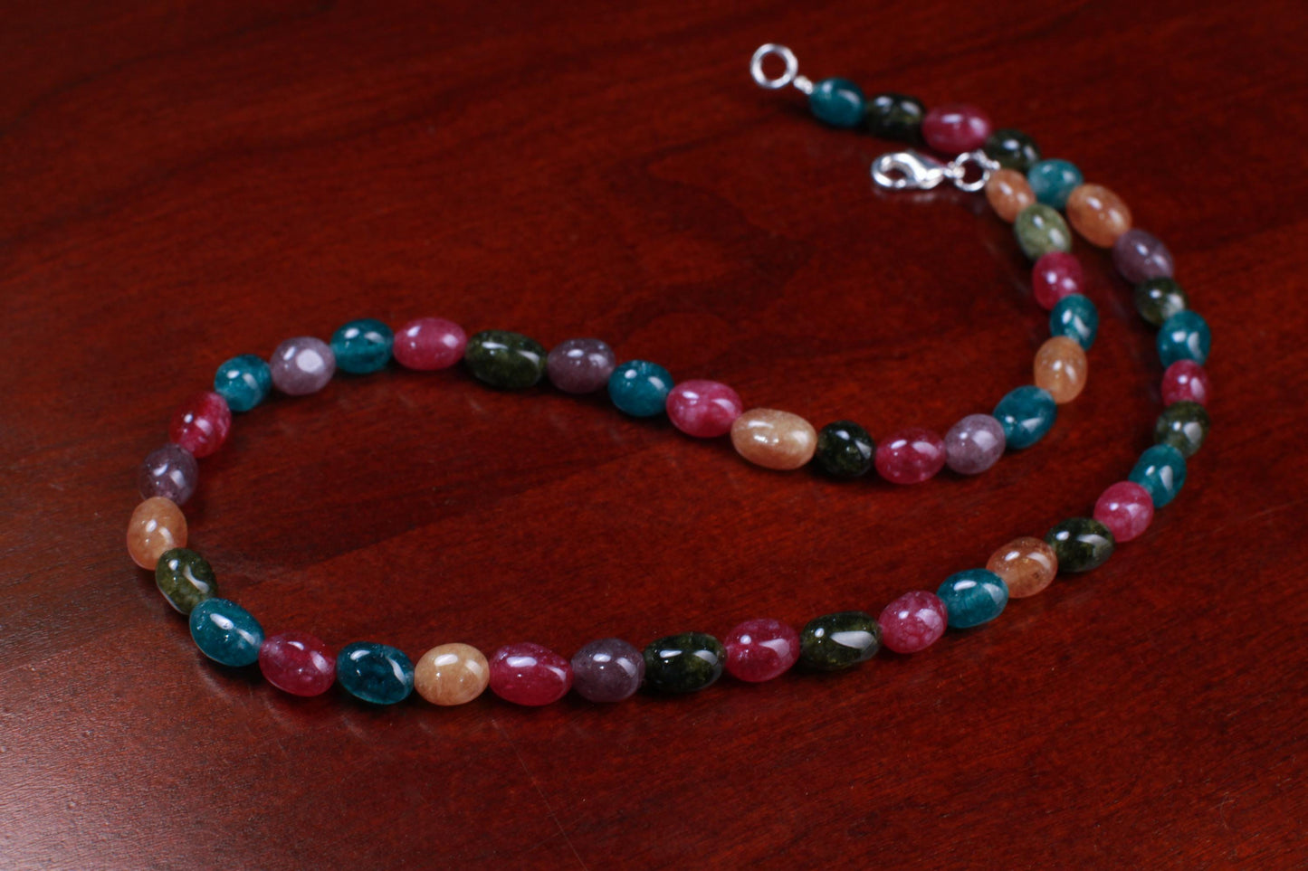 Multi color Rainbow gemstone 7-8mm smooth oval Tourmaline Quartz beaded necklace. Blue pink purple yellow necklace