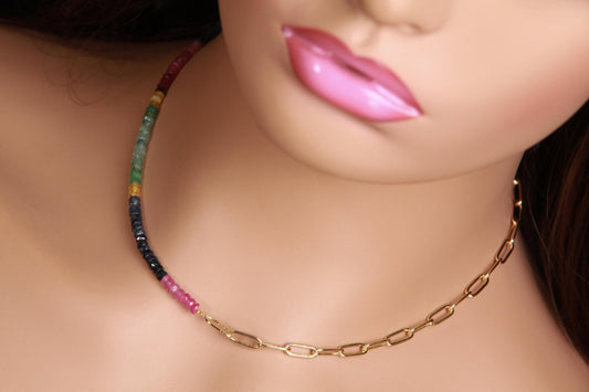Half sapphire half chain Necklace. Natural Multi Sapphire Ruby Emerald with 18k Gold Vermeil Paper clip chain gold necklace Resistance Unity