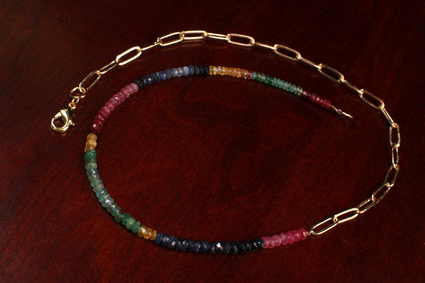 Half gems half chain Necklace. Natural Multi Sapphire Ruby Emerald with 18k Gold Vermeil Paper clip chain gold necklace Resistance Unity